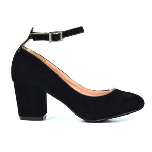 Black Ankle Chunky Heel Round Toe Women's Pump